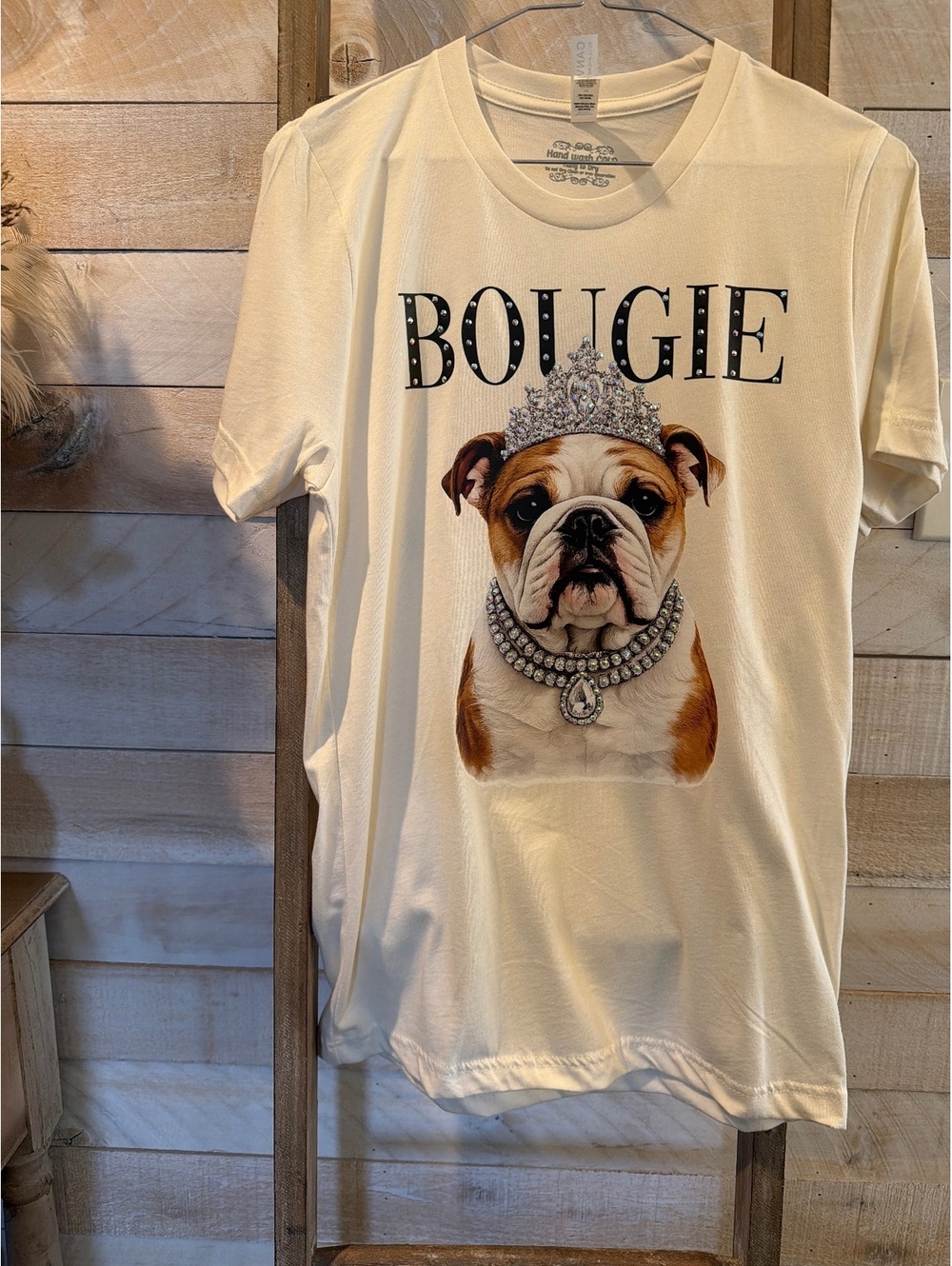 Women's 'Bougie' Bulldog Graphic T-Shirt, Rhinestone Crown and Necklace Design
